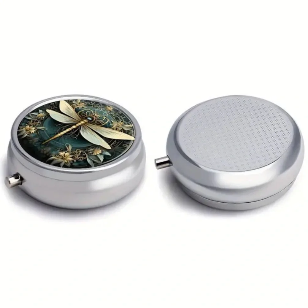 Teal Gold Dragonfly Pill Box Mirror 3 Compartment Travel Case